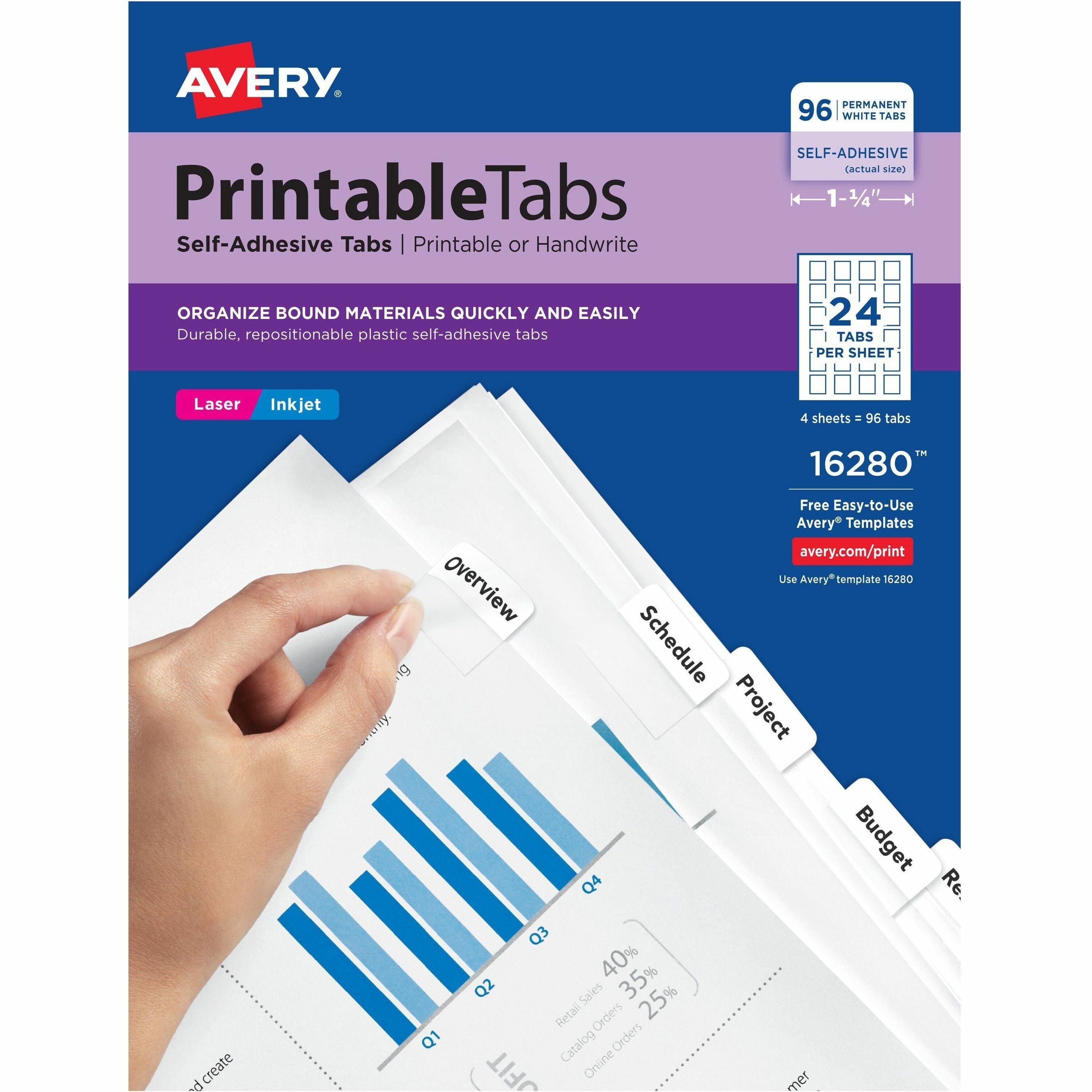 Printable Plastic Tabs with Repositionable Adhesive, 1/5-Cut, White, 1.25" Wide, 96/Pack