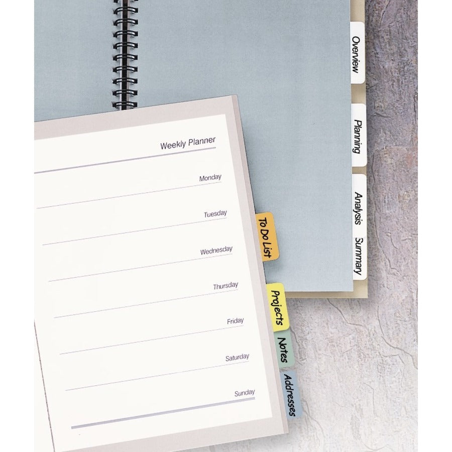 Printable Plastic Tabs with Repositionable Adhesive, 1/5-Cut, Assorted Colors, 1.25" Wide, 96/Pack