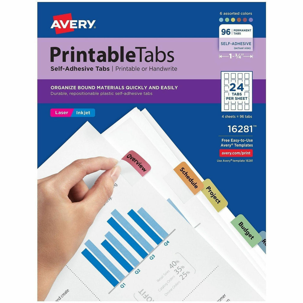 Printable Plastic Tabs with Repositionable Adhesive, 1/5-Cut, Assorted Colors, 1.25" Wide, 96/Pack