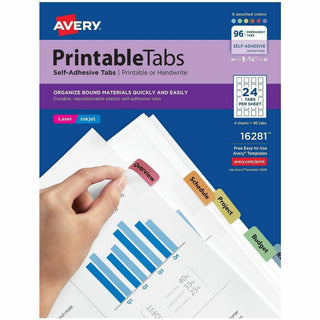 Printable Plastic Tabs with Repositionable Adhesive, 1/5-Cut, Assorted Colors, 1.25" Wide, 96/Pack