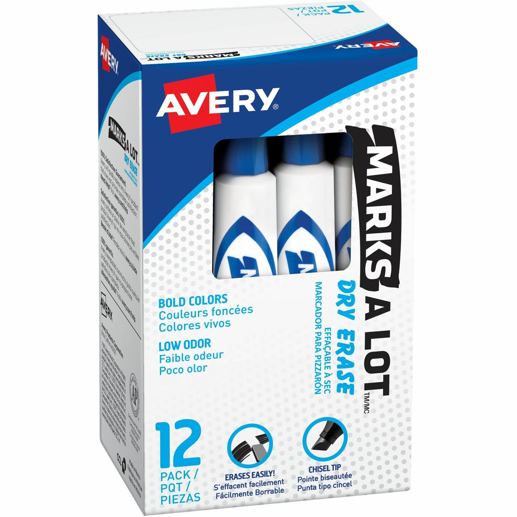 Avery Marks A Lot Desk-Style Dry Erase Marker - Chisel Marker Point Style - Blue - White Barrel - 1 Dozen