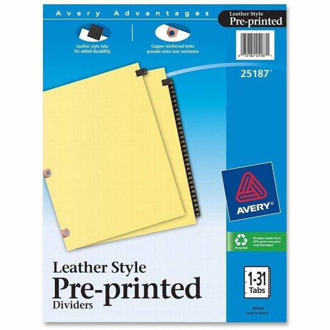 Preprinted Black Leather Tab Dividers w/Copper Reinforced Holes, 31-Tab, 1 to 31, 11 x 8.5, Buff, 1 Set