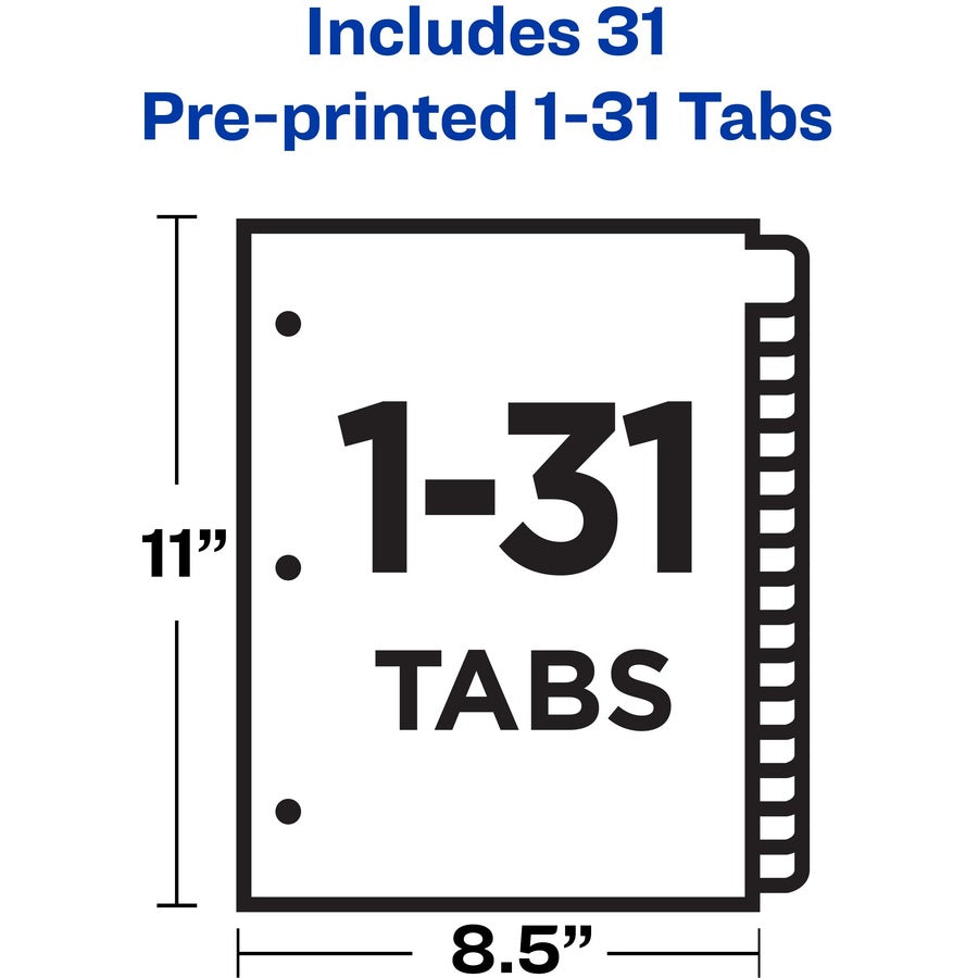 Preprinted Black Leather Tab Dividers w/Copper Reinforced Holes, 31-Tab, 1 to 31, 11 x 8.5, Buff, 1 Set