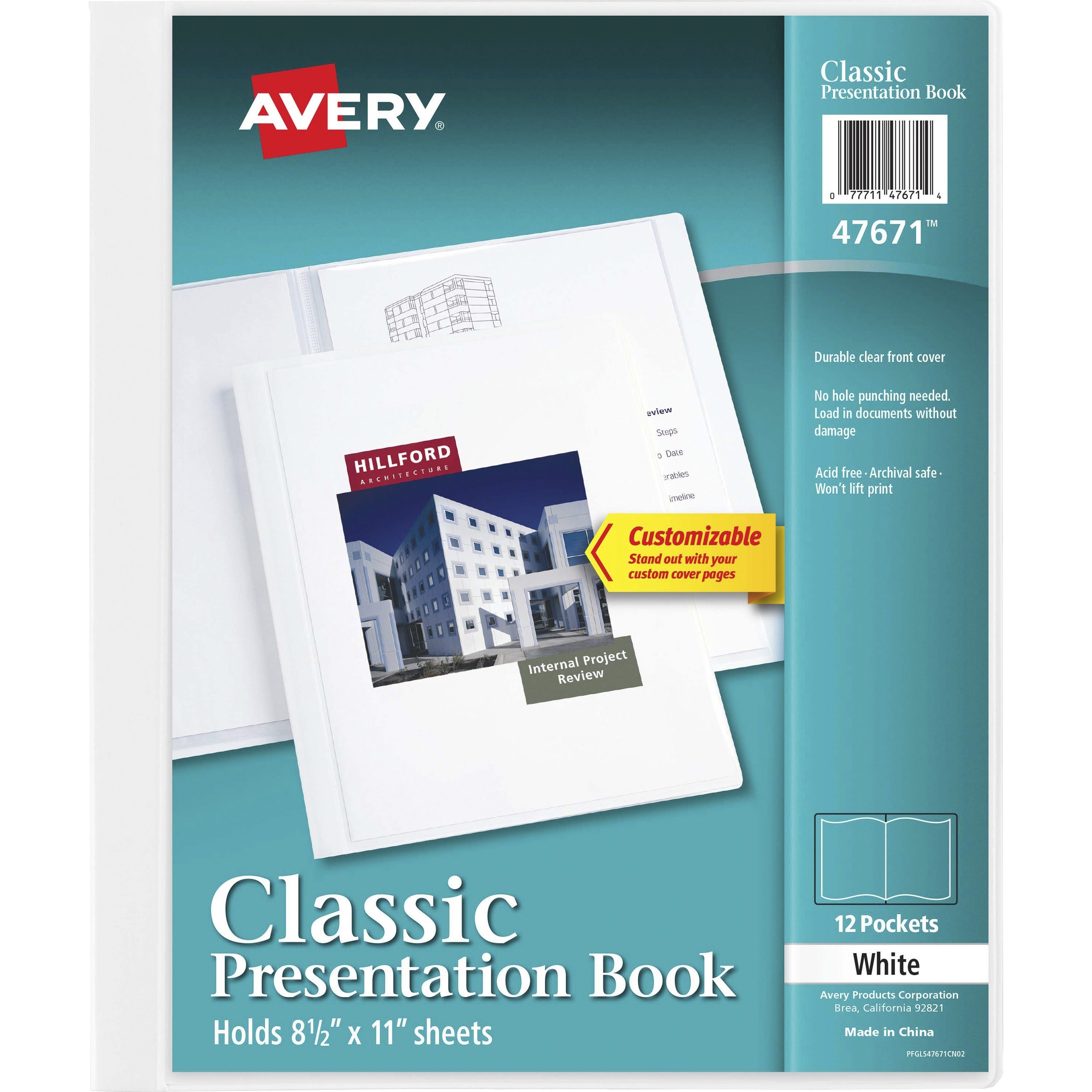 Avery White Presentation Book - Letter - 8 1/2" x 11" Sheet Size - 24 Sheet Capacity - Internal Pocket(s) - Polypropylene - Non-stick, Spill-free, Durable - 1 Each - 