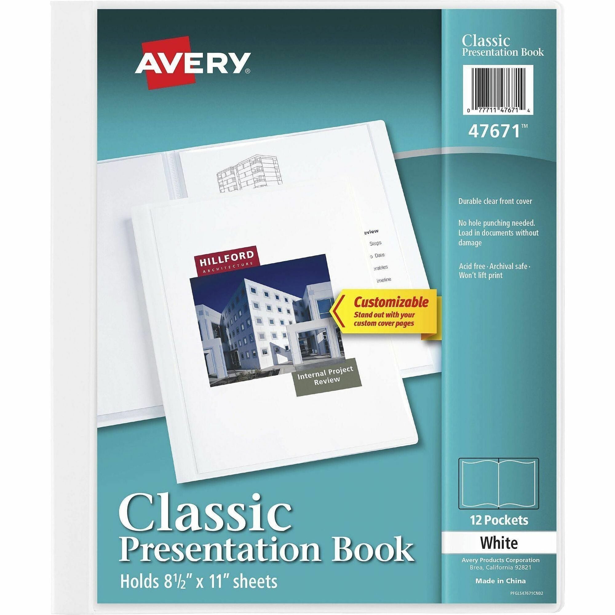 Avery White Presentation Book - Letter - 8 1/2" x 11" Sheet Size - 24 Sheet Capacity - Internal Pocket(s) - Polypropylene - Non-stick, Spill-free, Durable - 1 Each