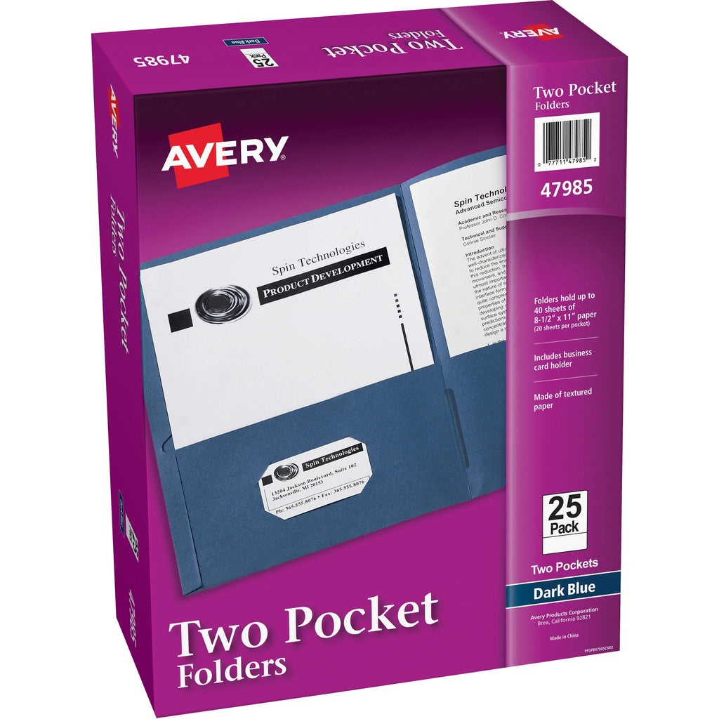 Two-Pocket Folder, 40-Sheet Capacity, 11 x 8.5, Dark Blue, 25/Box