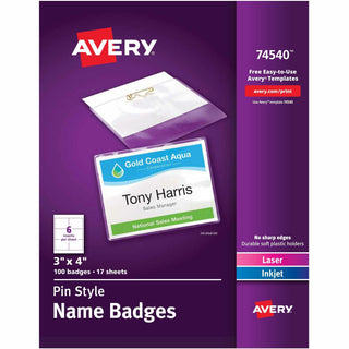 Pin-Style Badge Holder with Laser/Inkjet Insert, Top Load, 4 x 3, White, 100/Box