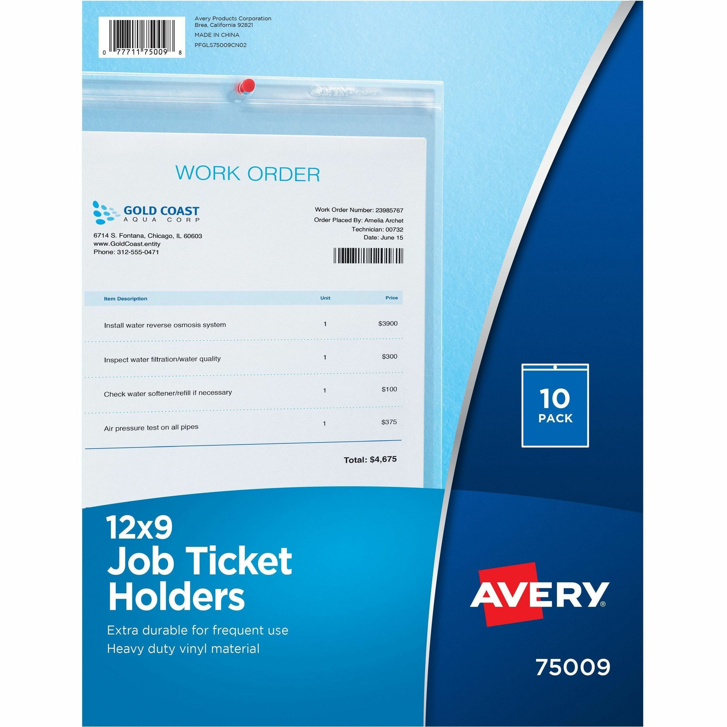 Job Ticket Holders, Heavy Gauge Vinyl, 9 x 12, Clear, 10/Pack