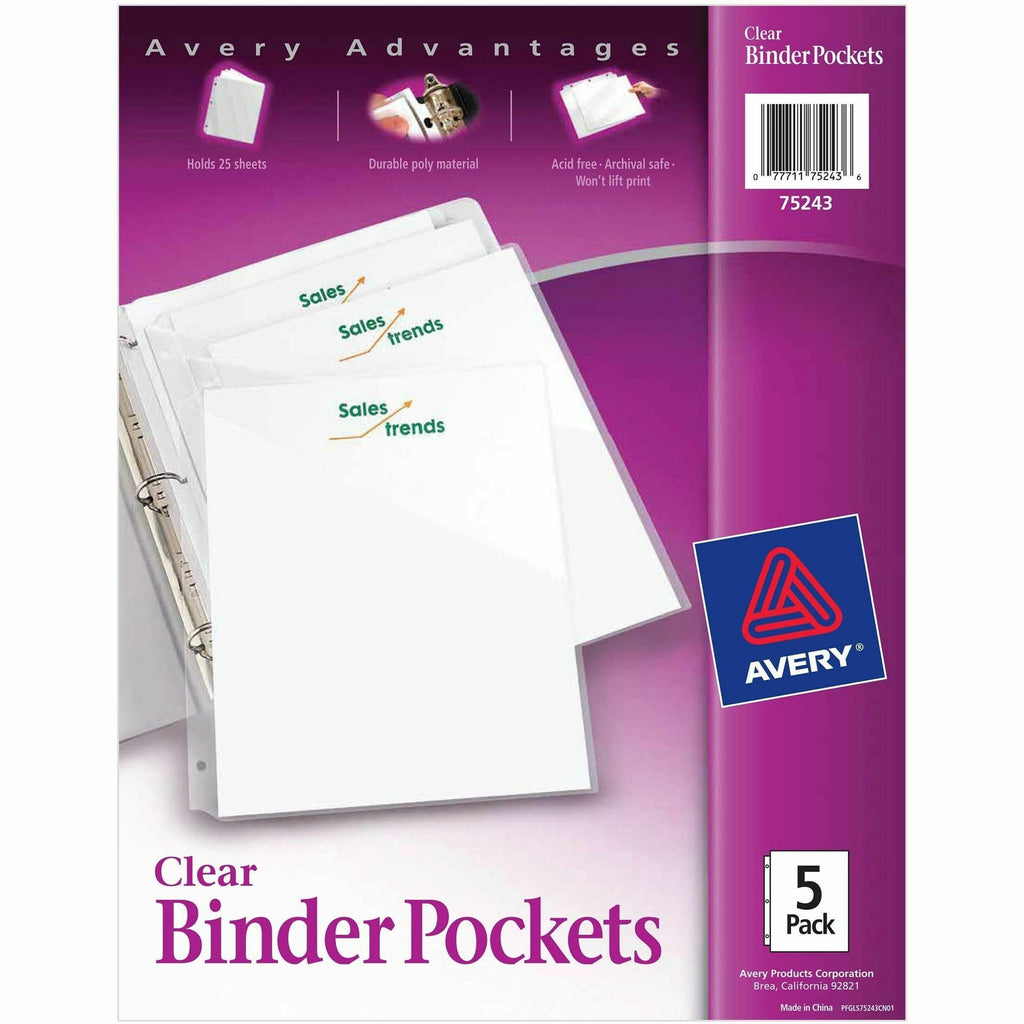 Binder Pockets, 3-Hole Punched, 9.25 x 11, Clear, 5/Pack