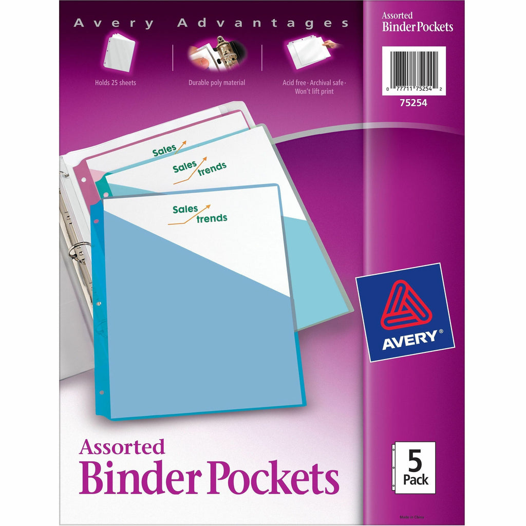 Binder Pockets, 3-Hole Punched, 9.25 x 11, Assorted Colors, 5/Pack