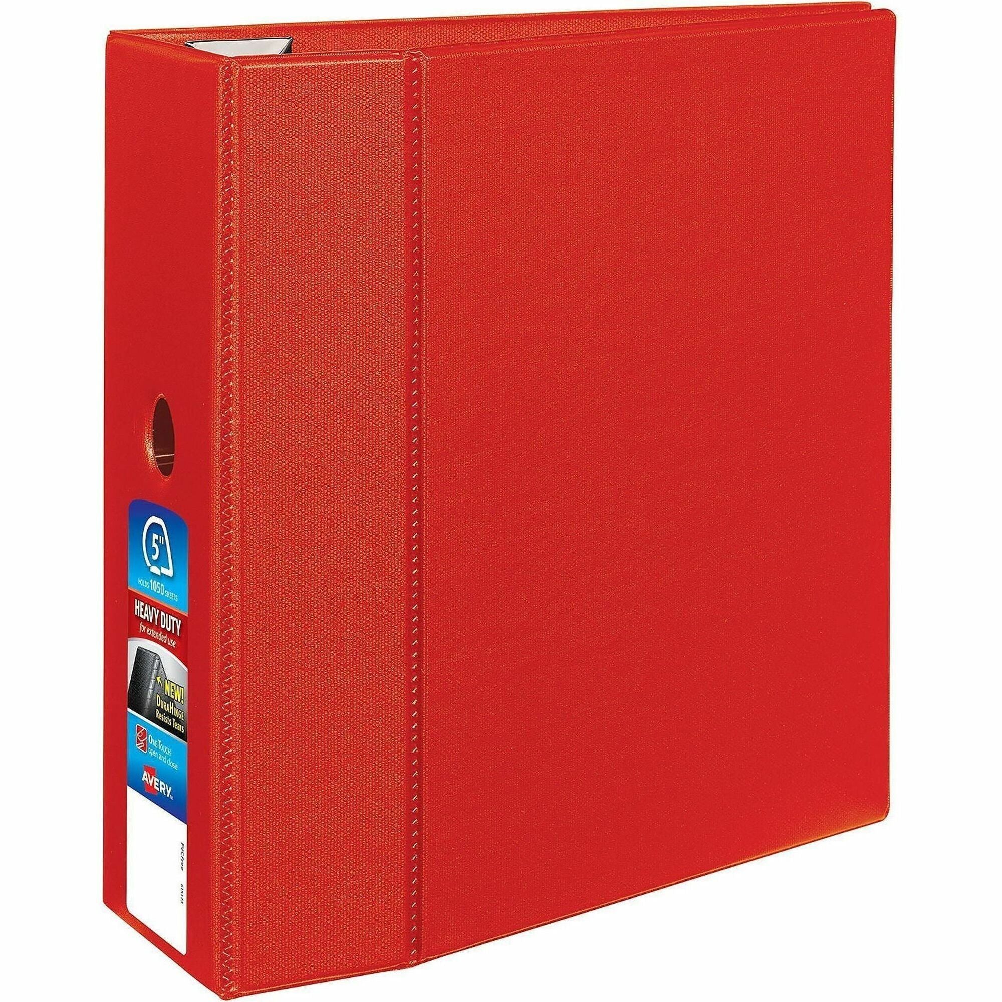 Heavy-Duty Non-View Binder with DuraHinge, Locking One Touch EZD Rings and Thumb Notch, 3 Rings, 5" Capacity, 11 x 8.5, Red