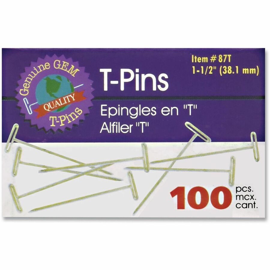 T-Pins, Steel, Silver, 1.5", 100/Box