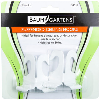 Baumgartens Suspended Ceiling Hooks - 30 lb (13.61 kg) Capacity - 2" Size - for Plant - White - 2 / Pack - 