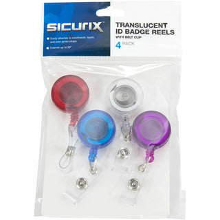 ID Slide-Style Belt Clip Card Reels, 30" Extension, Blue/Purple/Red/Translucent, 4/Pack