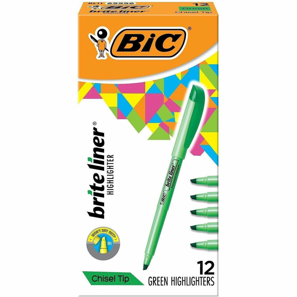 Brite Liner Highlighter, Fluorescent Green Ink, Chisel Tip, Green/Black Barrel, Dozen