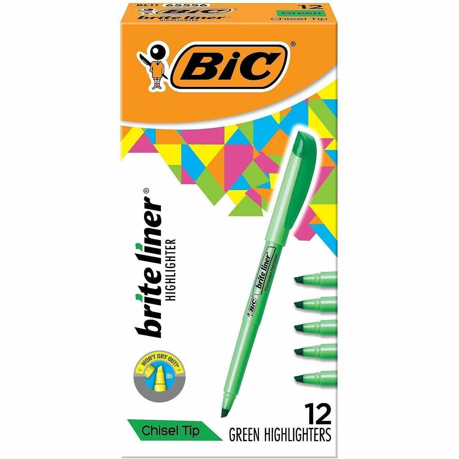 Brite Liner Highlighter, Fluorescent Green Ink, Chisel Tip, Green/Black Barrel, Dozen