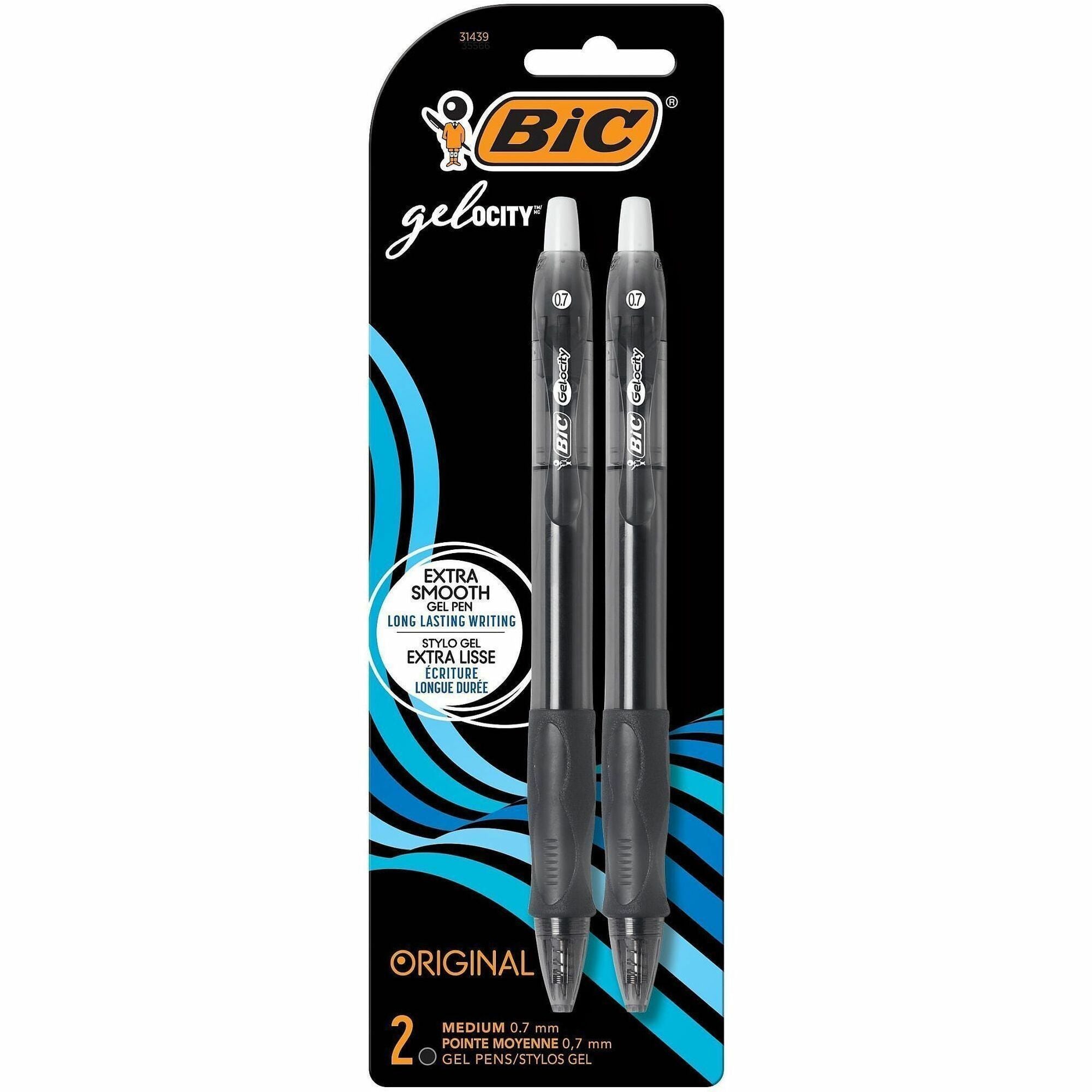 BIC Gel Retractable Pens - Medium Pen Point - 0.7 mm Pen Point Size - Refillable - Retractable - Black Gel-based Ink - Translucent Barrel - 2 / Pack