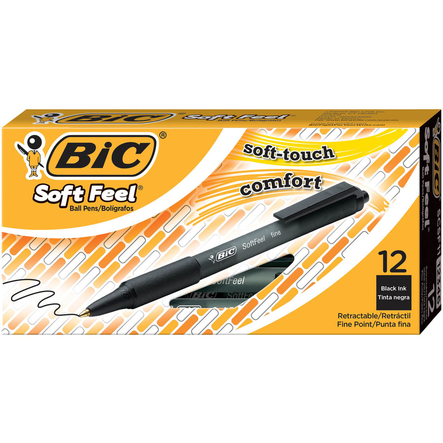 BIC SoftFeel Retractable Ball Pens - Fine Pen Point - Retractable - Black - Black Rubber Barrel - 1 Dozen - 