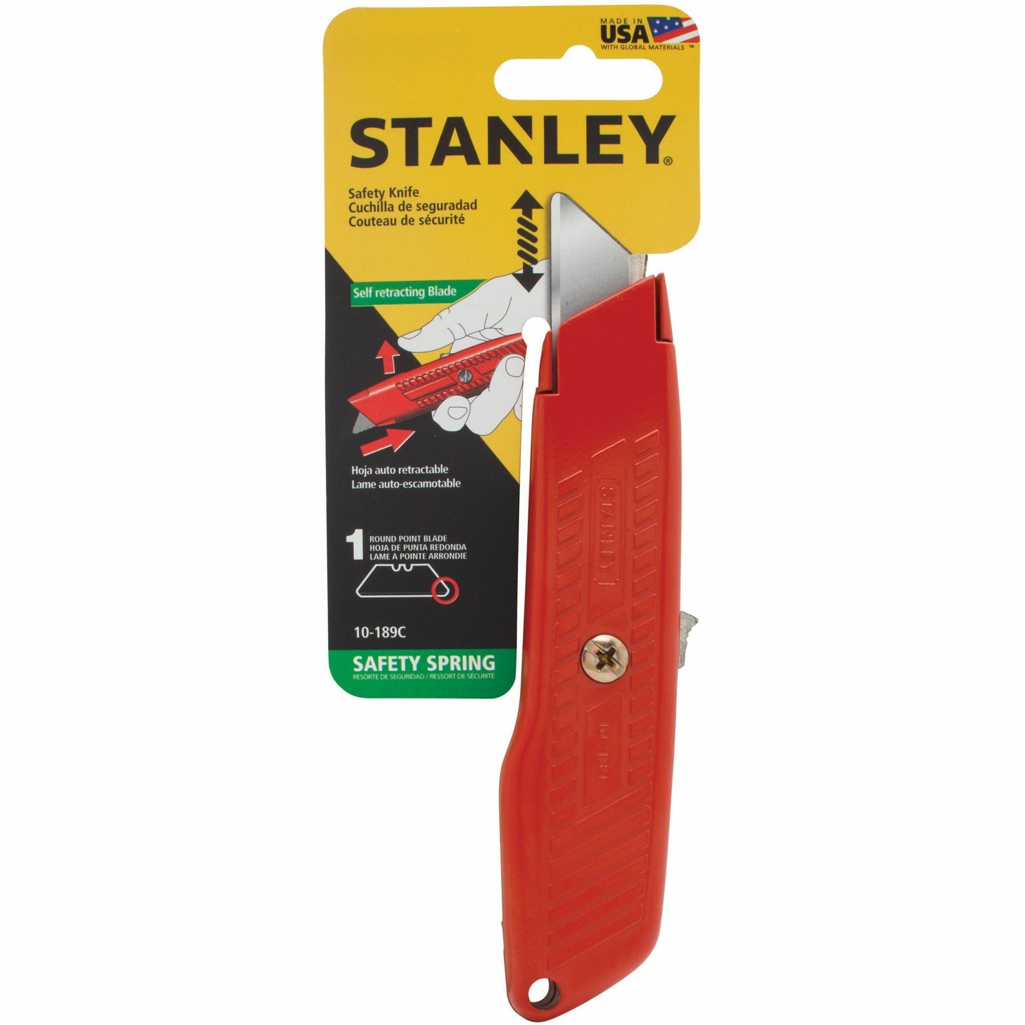 Interlock Safety Utility Knife with Self-Retracting Round Point Blade, 5.63" Metal Handle, Red Orange