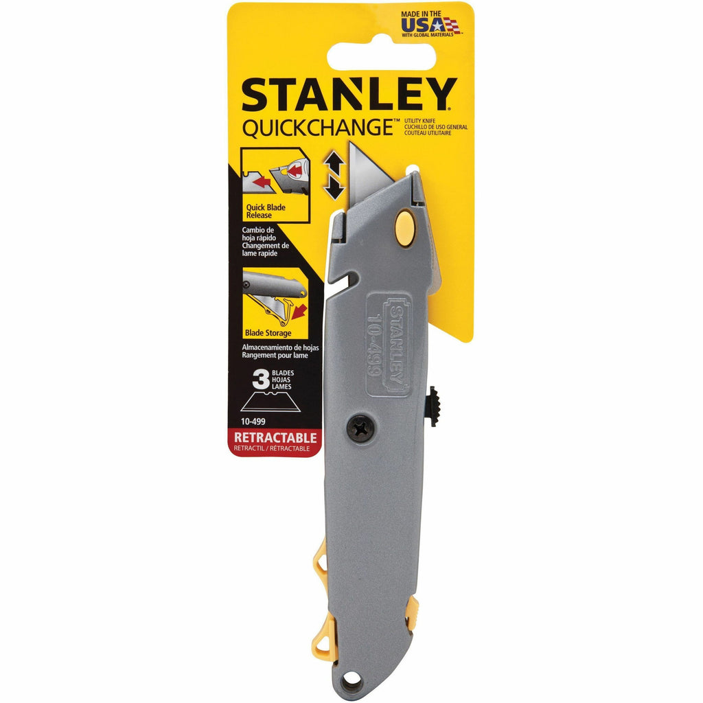 Quick-Change Utility Knife with Twine Cutter and (3) Retractable Blades, 6" Metal Handle, Gray, 6/Box