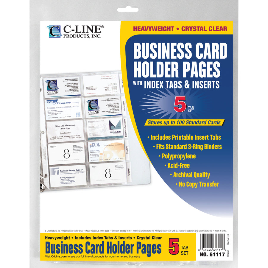 C-Line Business Card Holder Pages with Index Tabs for Ring Binders, Poly - 5-Tab Set, Holds 20 Cards/Page, 3-Hole Punched, 11 x 8-1/2, 5/PK, 61117 - 