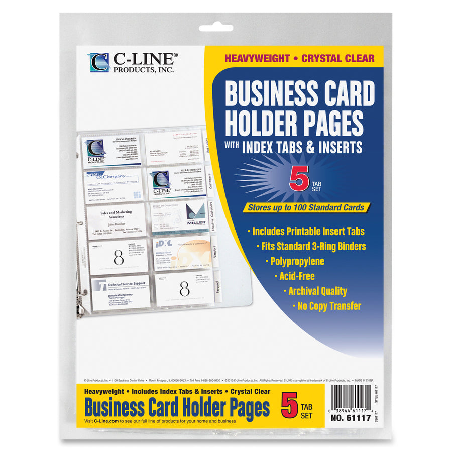 C-Line Business Card Holder Pages with Index Tabs for Ring Binders, Poly - 5-Tab Set, Holds 20 Cards/Page, 3-Hole Punched, 11 x 8-1/2, 5/PK, 61117 - 