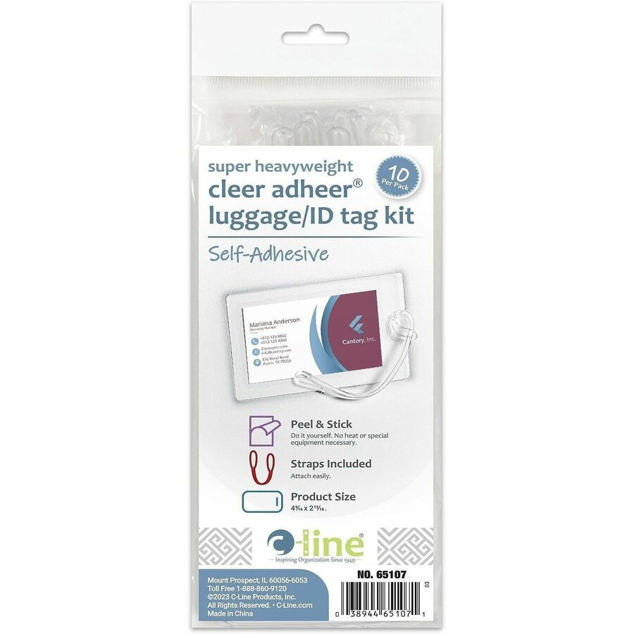 C-Line Super Heavyweight Cleer Adheer Luggage Tag with Straps - Clear, 4-9/16 x 2-13/16, 10/PK, 65107