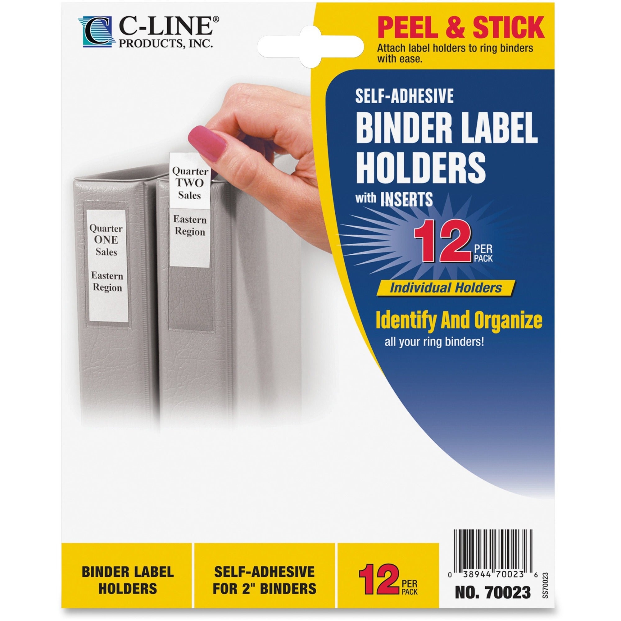 C-Line Self-Adhesive Binder Label Holders - For 2-inch Ring Binders, Peel & Stick, 2-1/4 x 3-1/16, 12/PK, 70023 - 