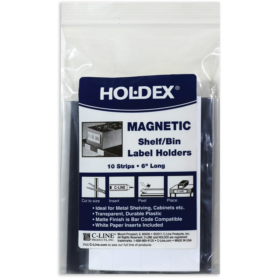 HOL-DEX Magnetic Shelf/Bin Label Holders, Side Load, 1 x 6, Clear, 10/Box