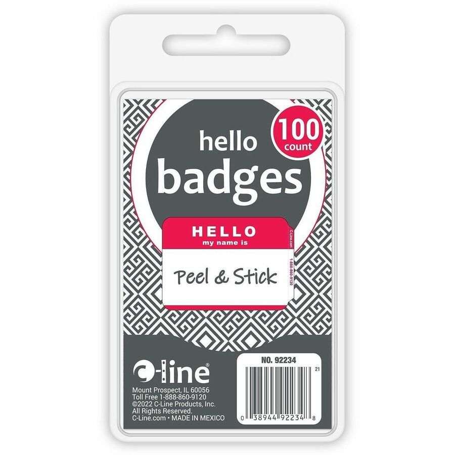 C-Line HELLO my name is... Name Tags - Red, Peel & Stick, 3-1/2 x 2-1/4, 100/BX, 92234