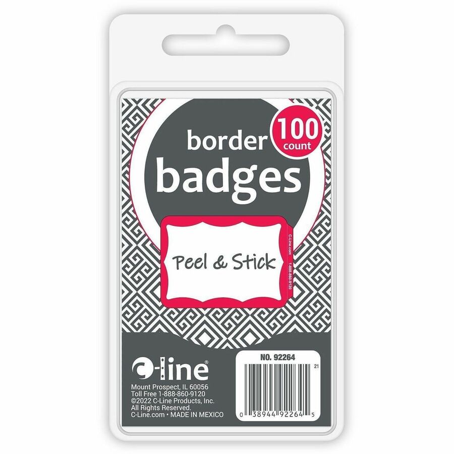 C-Line Self-Adhesive Name Tags - Red Border, Peel & Stick, 3-1/2 x 2-1/4, 100/BX, 92264