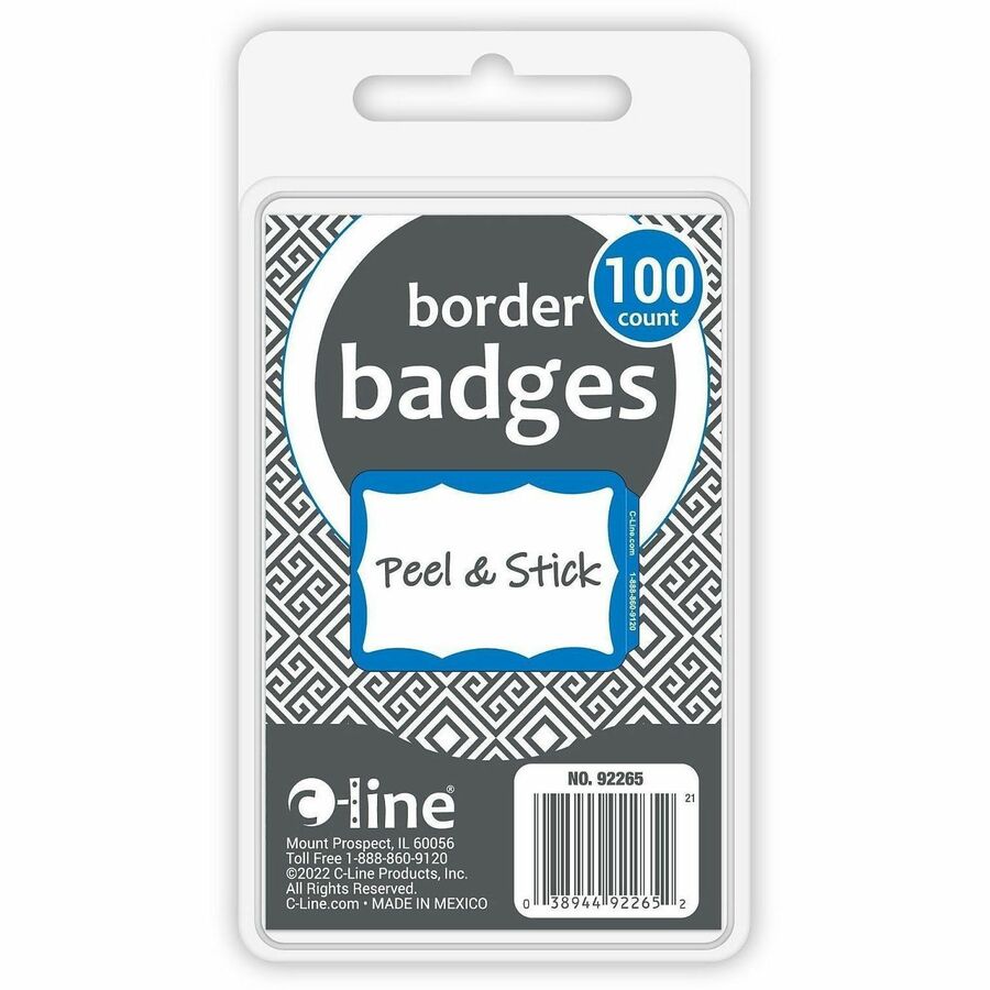 C-Line Self-Adhesive Name Tags - Blue Border, Peel & Stick, 3-1/2 x 2-1/4, 100/BX, 92265