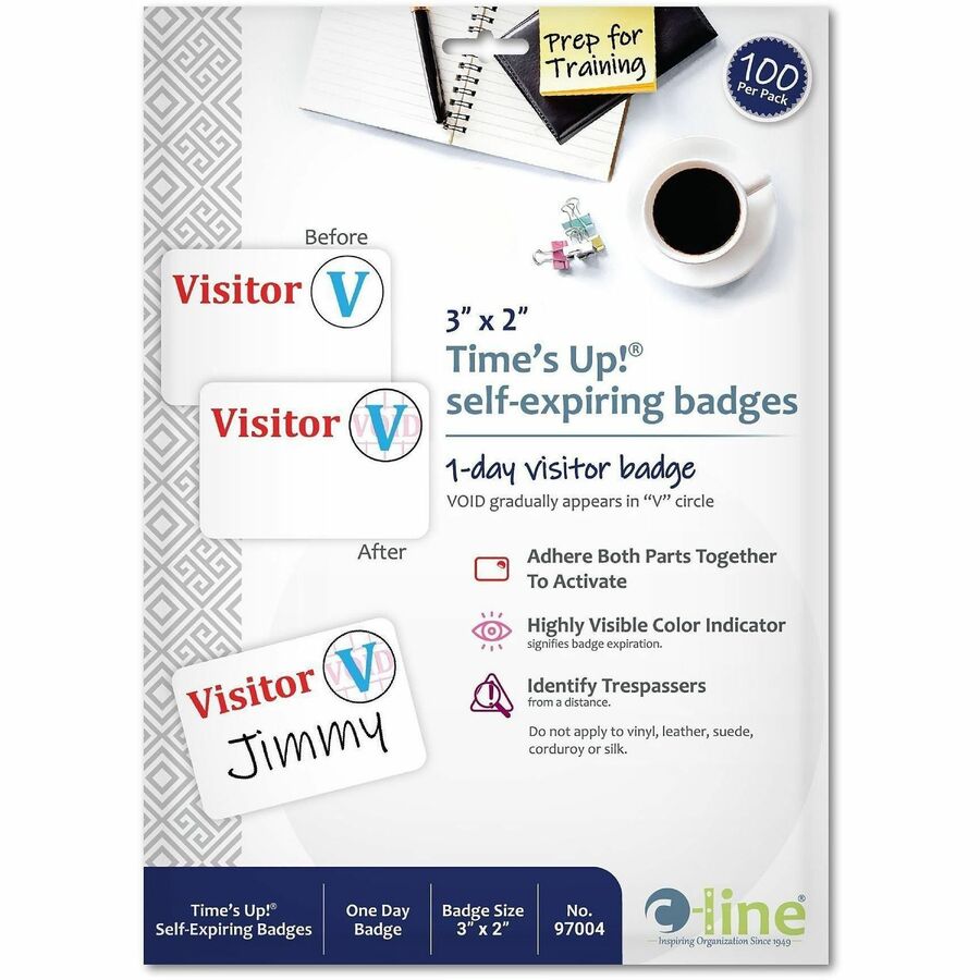 Times Up! Self-Expiring Visitor Badges, One-Day Badge, 3 x 2, White, 100/Box