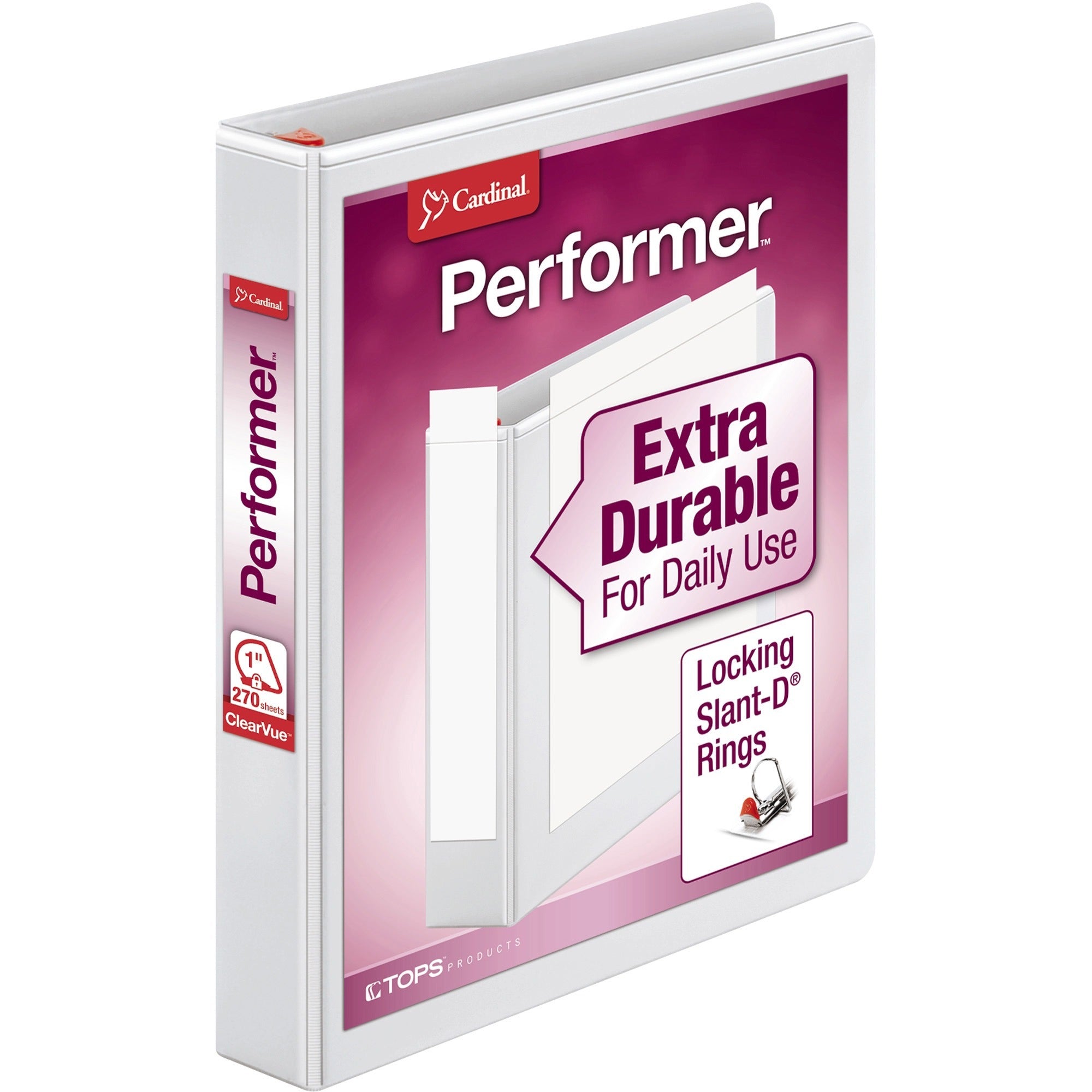 Cardinal Xtravalue Clearvue Locking D-Ring Binder - 1" Binder Capacity - Letter - 8 1/2" x 11" Sheet Size - 270 Sheet Capacity - 1" Spine Width - 3 x D-Ring Fastener(s) - 2 Inside Front & Back Pocket(s) - Vinyl - White - 1 lb - Locking Ring, Clear Ov - 