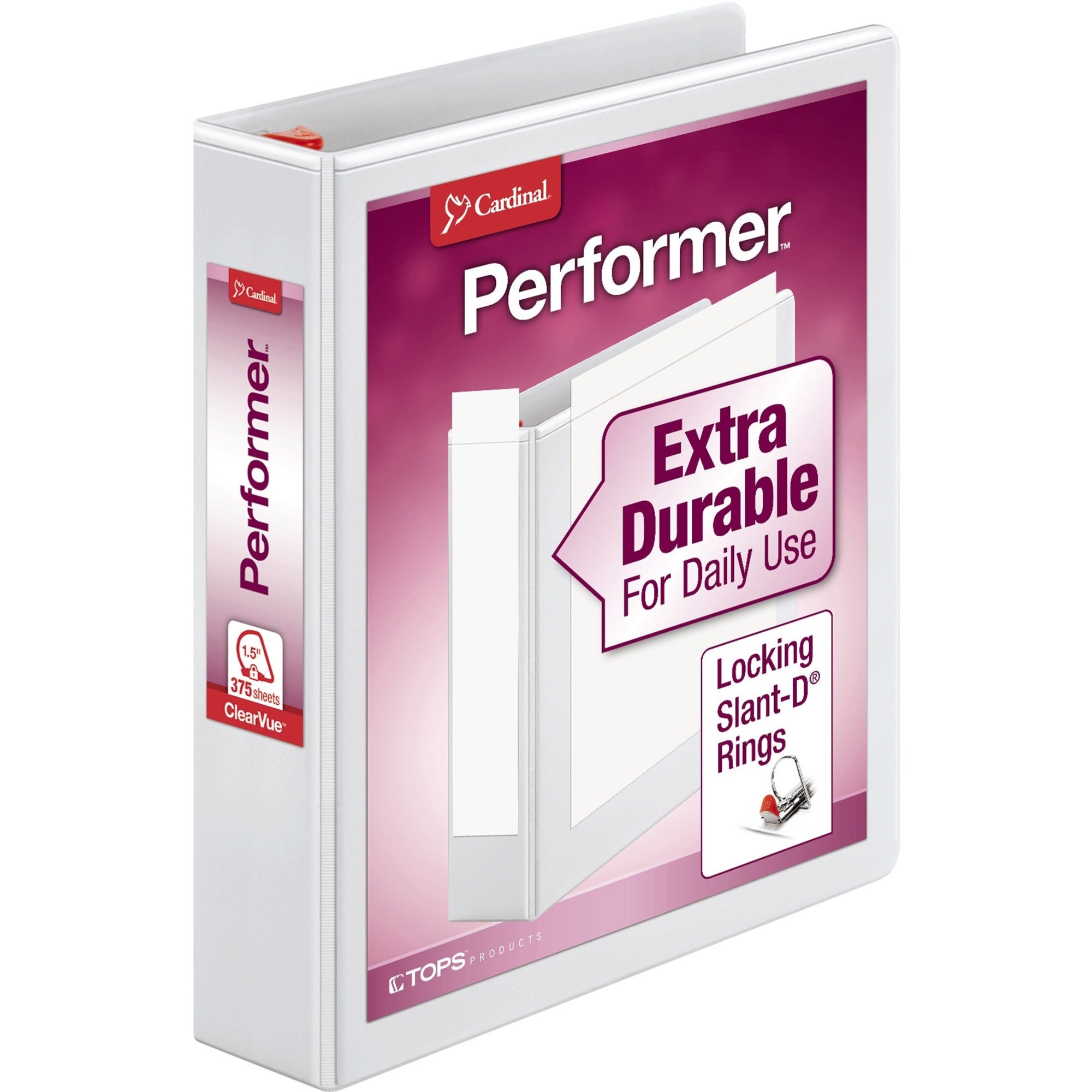 Cardinal Xtravalue Clearvue Locking D-Ring Binder - 1 1/2" Binder Capacity - Letter - 8 1/2" x 11" Sheet Size - 375 Sheet Capacity - 1 3/5" Spine Width - 3 x D-Ring Fastener(s) - 2 Inside Front & Back Pocket(s) - Vinyl - White - 1.08 lb - Locking Rin - 