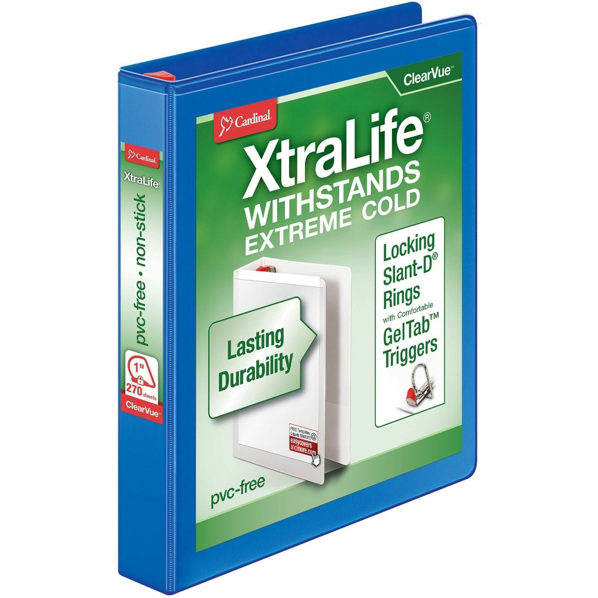 cardinal-xtralife-clearvue-locking-slant-d-binders-1-binder-capacity-letter-8-1-2-x-11-sheet-size-270-sheet-capacity-1-spine-width-3-x-d-ring-fasteners-2-inside-front-&-back-pockets-polyolefin-blue-1440-oz-non-stick-lo_crd26302 - 1