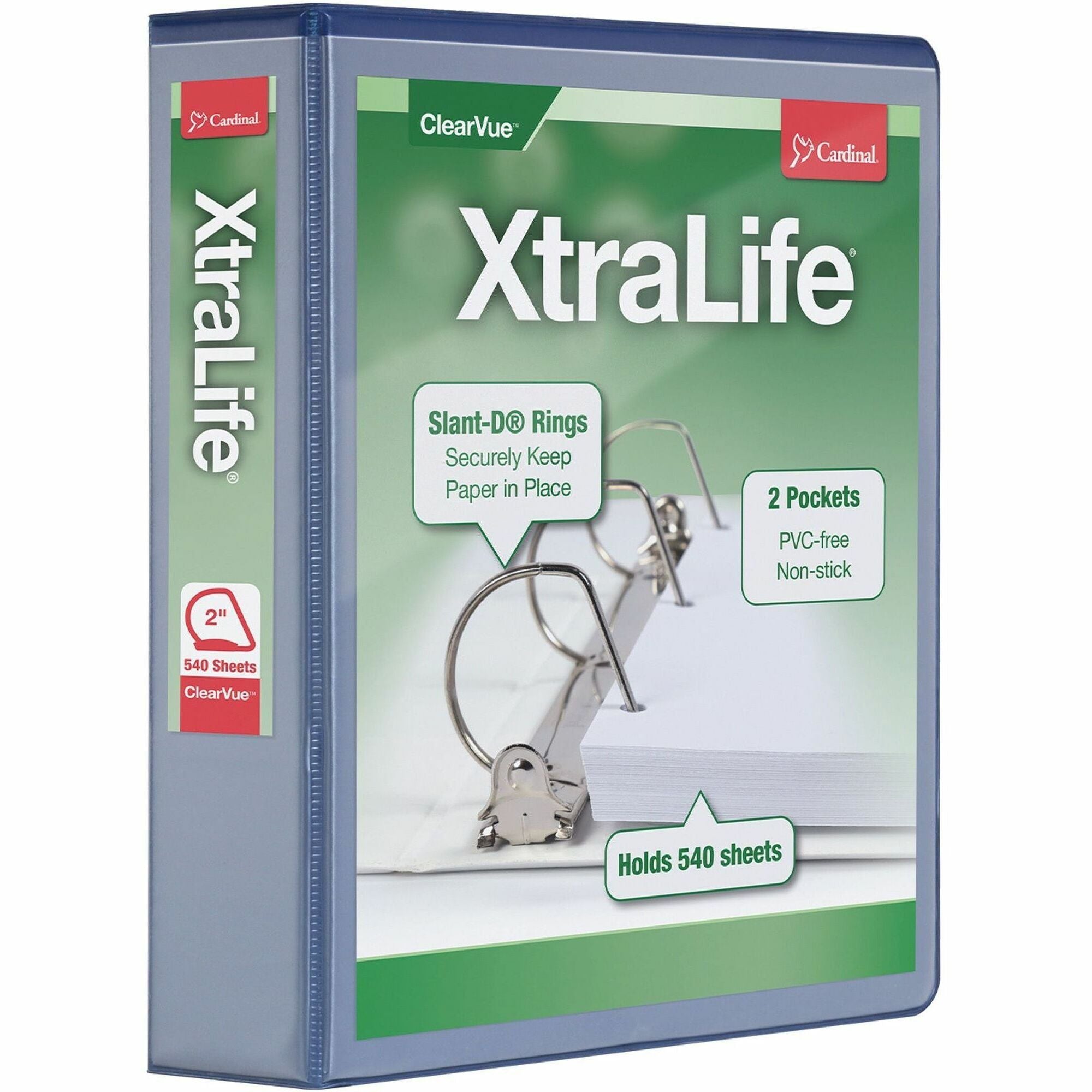 Cardinal Xtralife ClearVue Locking Slant-D Binders - 2" Binder Capacity - Letter - 8 1/2" x 11" Sheet Size - 540 Sheet Capacity - 2 1/2" Spine Width - 3 x D-Ring Fastener(s) - 2 Inside Front & Back Pocket(s) - Polyolefin - Blue - 1.25 lb - Non-stick, - 1