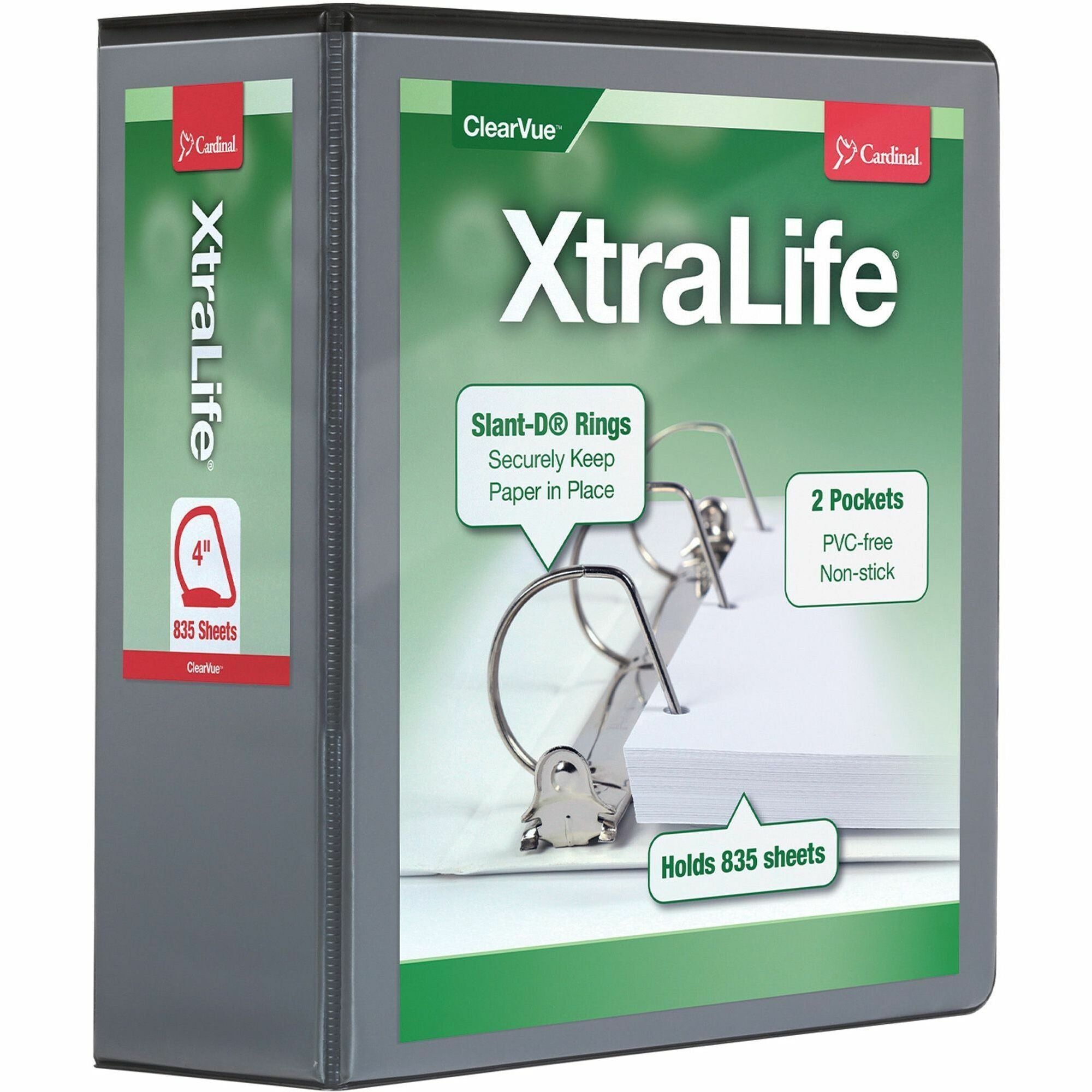 XtraLife ClearVue Non-Stick Locking Slant-D Ring Binder, 3 Rings, 4" Capacity, 11 x 8.5, Black
