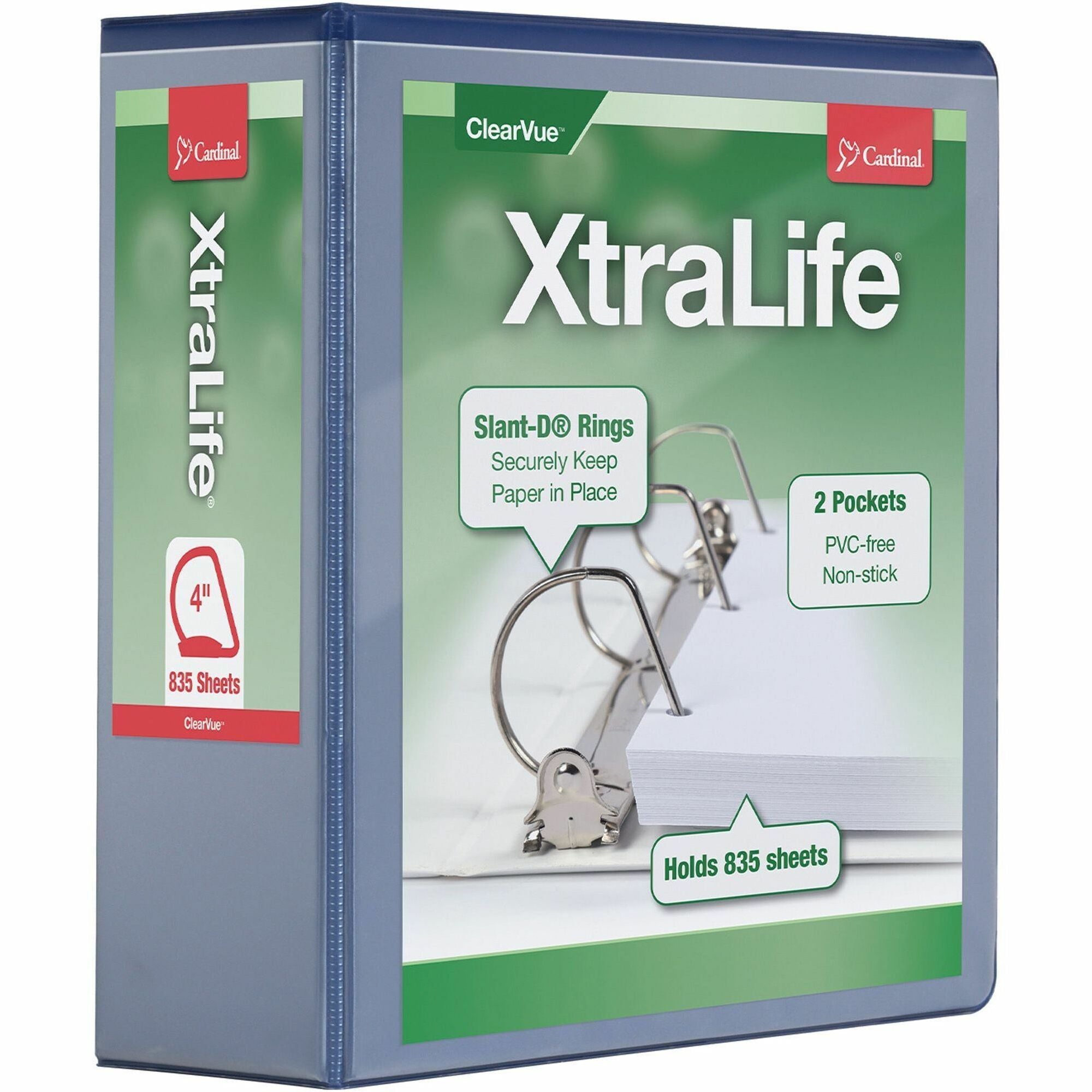 Cardinal Xtralife ClearVue Locking Slant-D Binders - 4" Binder Capacity - Letter - 8 1/2" x 11" Sheet Size - 890 Sheet Capacity - 3 3/5" Spine Width - 3 x D-Ring Fastener(s) - 2 Inside Front & Back Pocket(s) - Polyolefin - Blue - 1.80 lb - Non-stick,