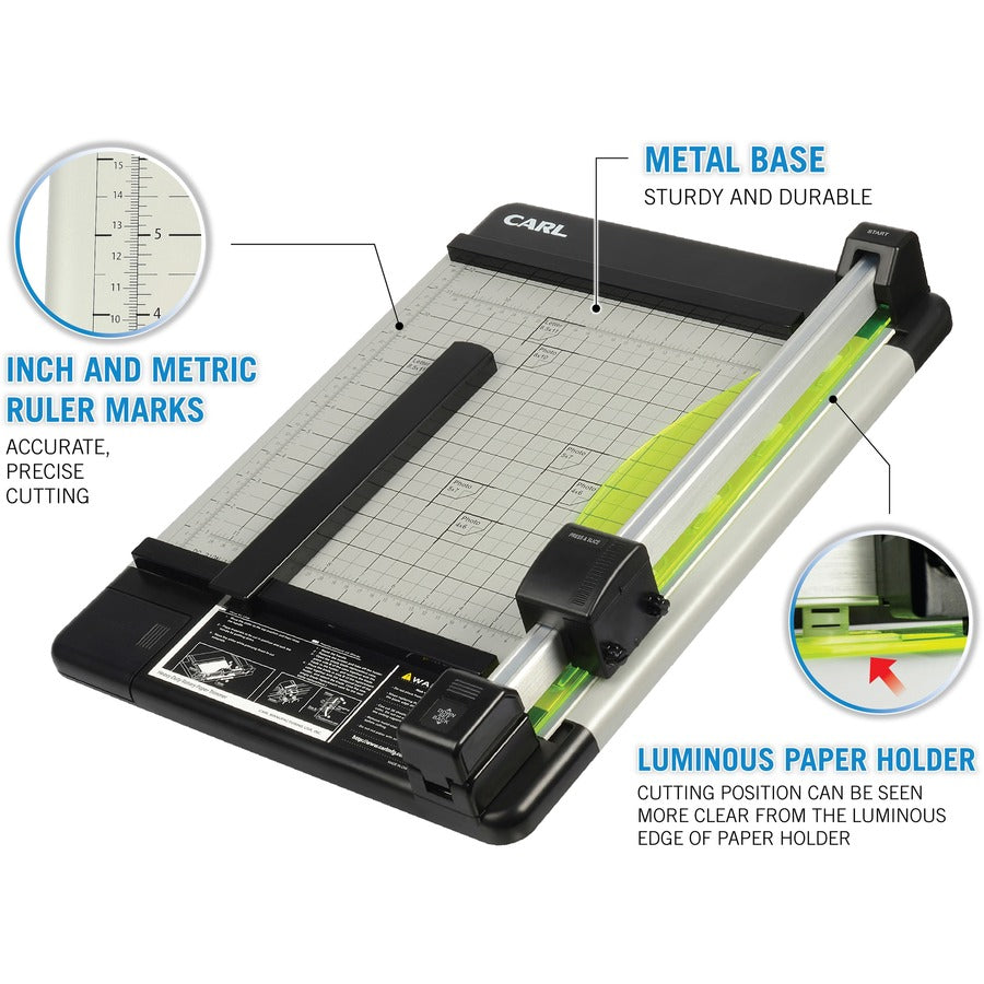 CARL Heavy-Duty Metal Base 12" Paper Trimmer - 1 x Blade(s)Cuts 36Sheet - 12" Cutting Length - Straight, Perforated Cutting - 0.8" Height x 14" Width - Metal Base, Acrylonitrile Butadiene Styrene (ABS), Acrylic - Gray