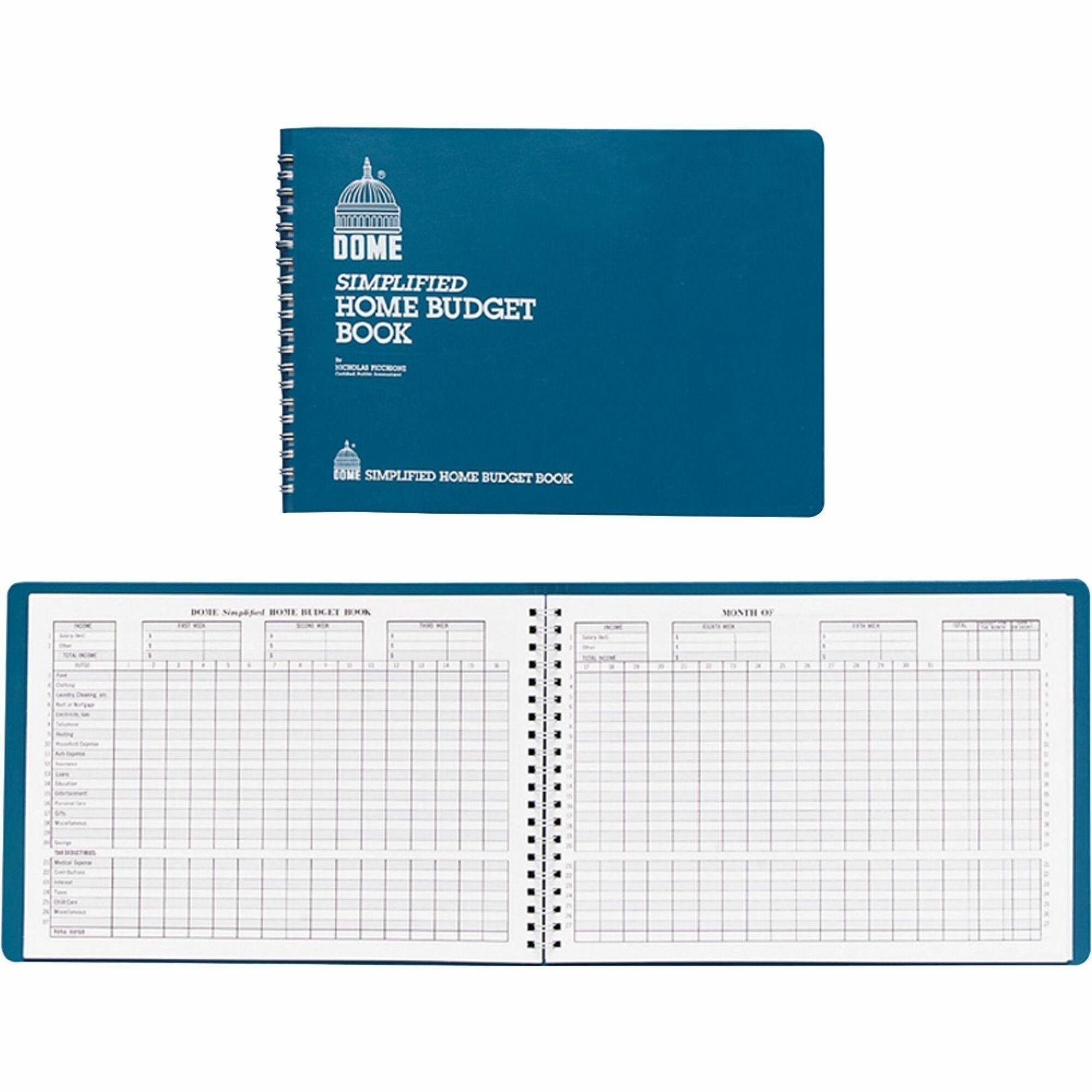 Dome Simplified Home Budget Book - 64 Sheet(s) - Wire Bound - 10.50" x 7.50" Sheet Size - White - White Sheet(s) - Blue Cover - Recycled - 1 Each - 