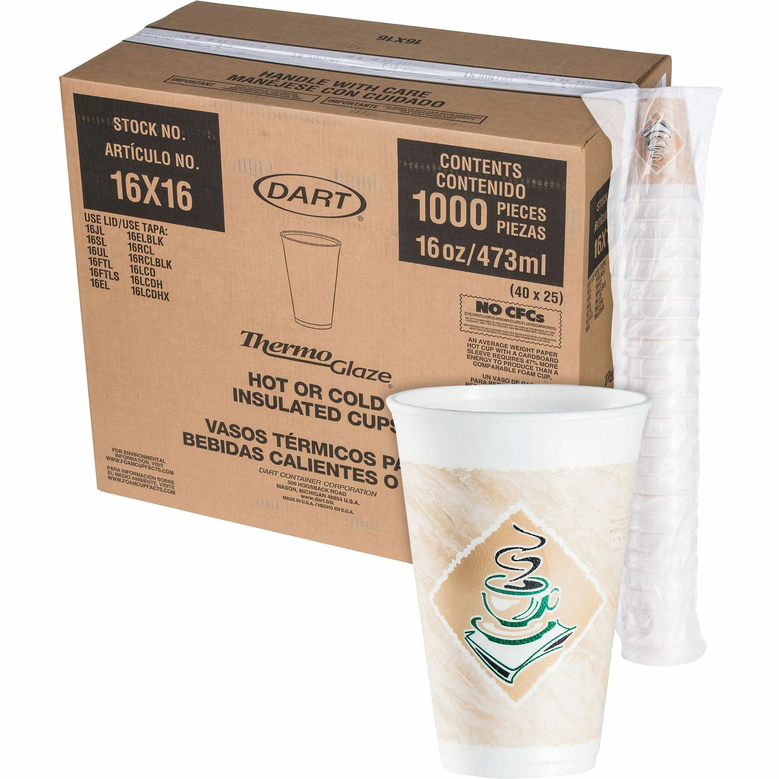 Dart 16 oz Cafe G Design Insulated Foam Cups - 25 / Bag - 40 / Carton - White - Foam - Cold Drink, Hot Drink - 