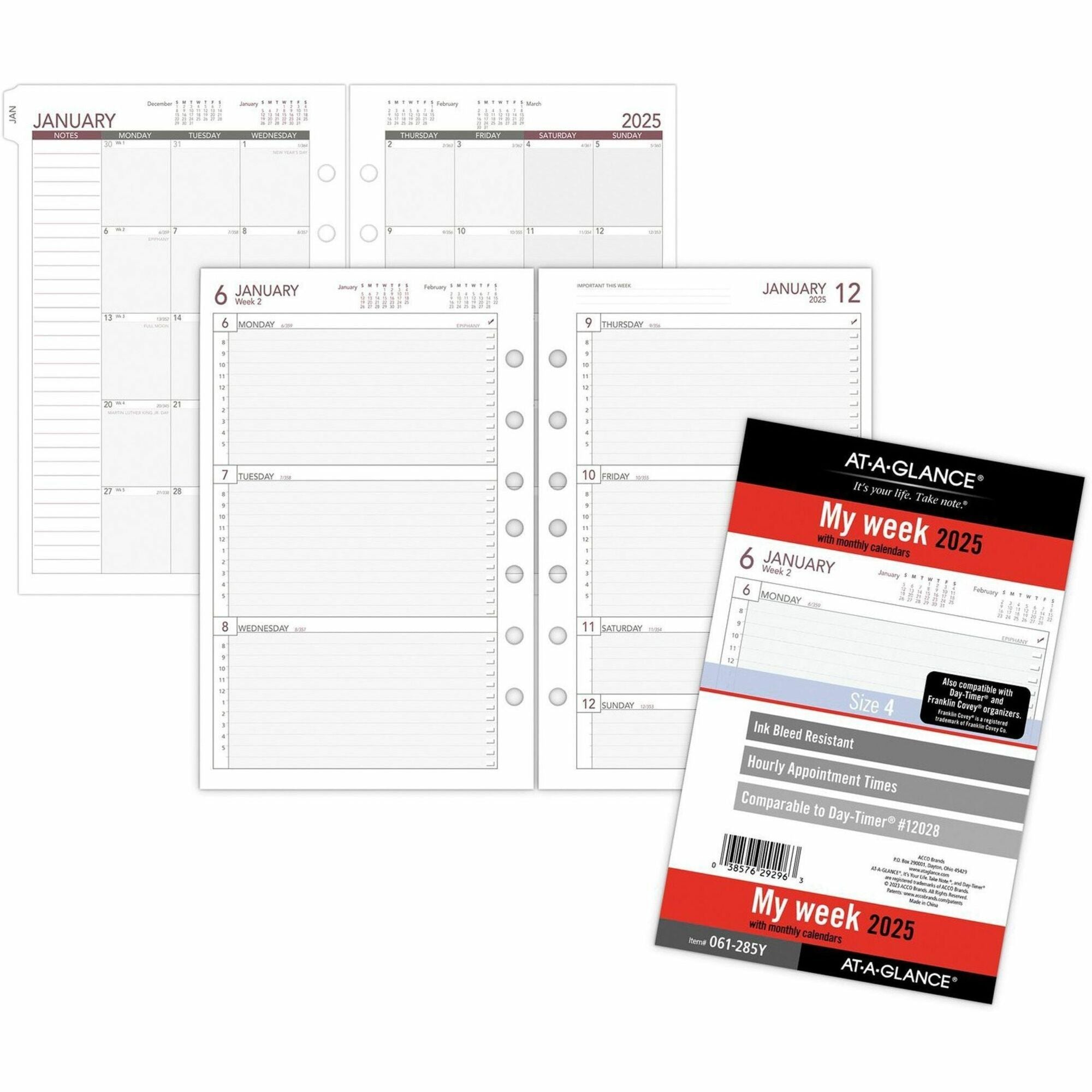 At-A-Glance 2024 Weekly Planner Refill, Loose-Leaf, Desk Size, 5 1/2" x 8 1/2" - Business - Julian Dates - Weekly - 1 Year - January 2024 - December 2024 - 8:00 AM to 5:00 PM - Hourly, Monday - Friday - 1 Week Double Page Layout - 5 1/2" x 8 1/2" She