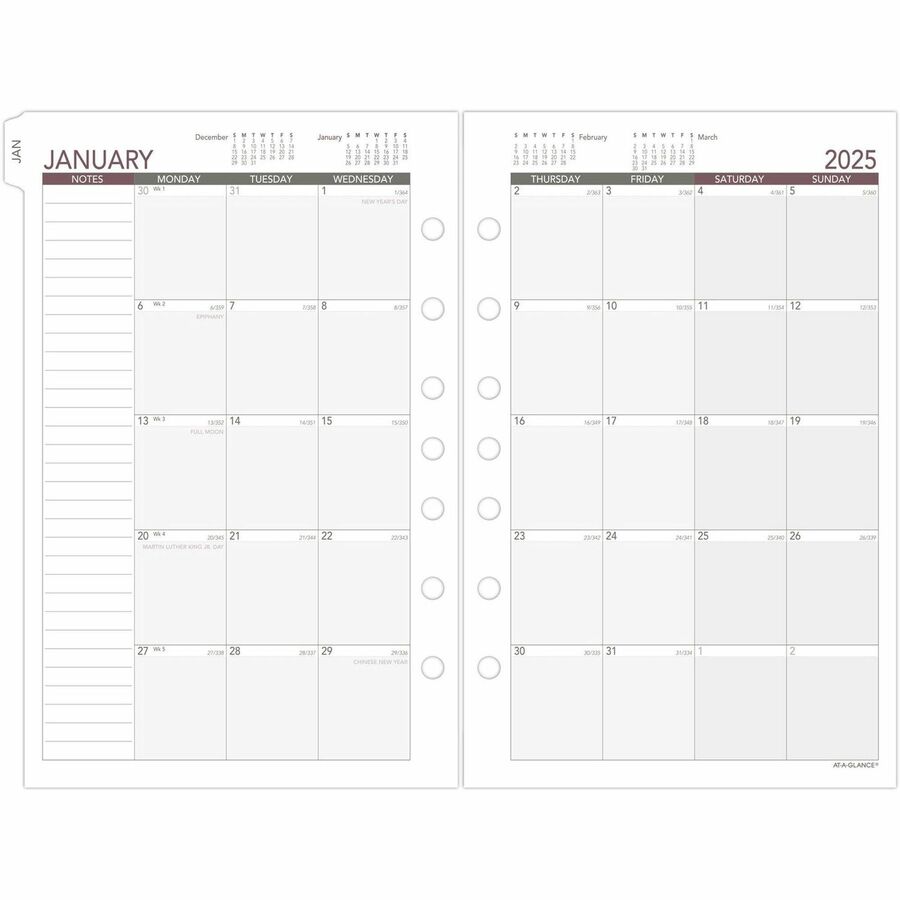 At-A-Glance 2024 Weekly Planner Refill, Loose-Leaf, Desk Size, 5 1/2" x 8 1/2" - Business - Julian Dates - Weekly - 1 Year - January 2024 - December 2024 - 8:00 AM to 5:00 PM - Hourly, Monday - Friday - 1 Week Double Page Layout - 5 1/2" x 8 1/2" She