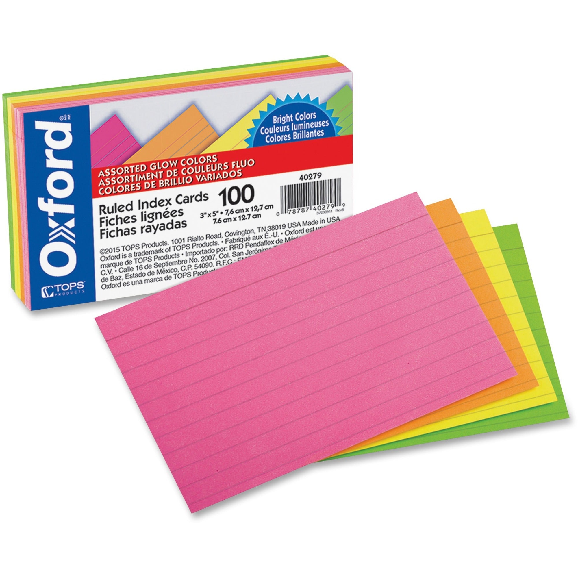 Ruled Index Cards, 3 x 5, Glow Green/Yellow, Orange/Pink, 100/Pack