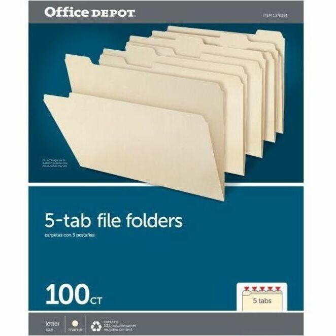 Pendaflex Essentials 1/5 Tab Cut Letter Recycled Top Tab File Folder - 8 1/2" x 11" - 3/4" Expansion - Top Tab Location - Assorted Position Tab Position - Manila - Manila - 10% Recycled - 100 / Box