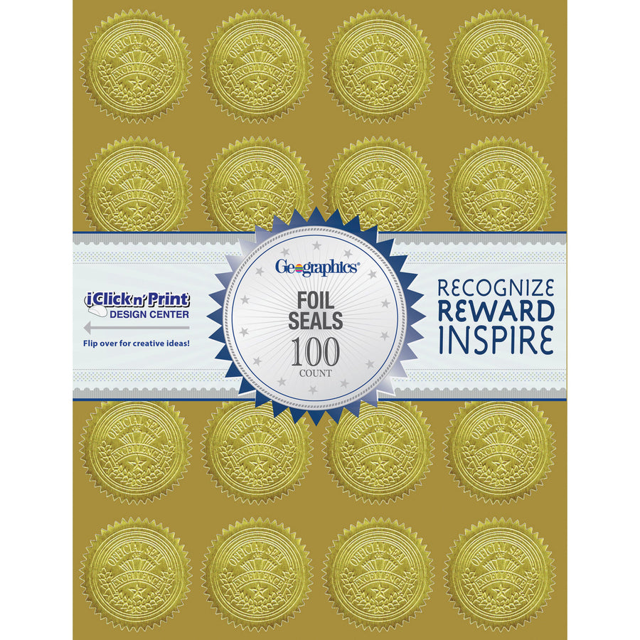 Self-Adhesive Embossed Seals, 2" dia, Gold, 20/Sheet, 5 Sheets/Pack