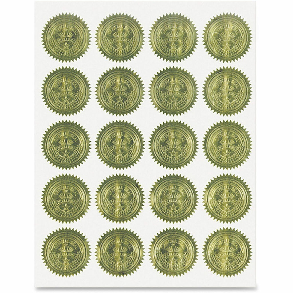 Self-Adhesive Embossed Seals, 2" dia, Gold, 20/Sheet, 5 Sheets/Pack