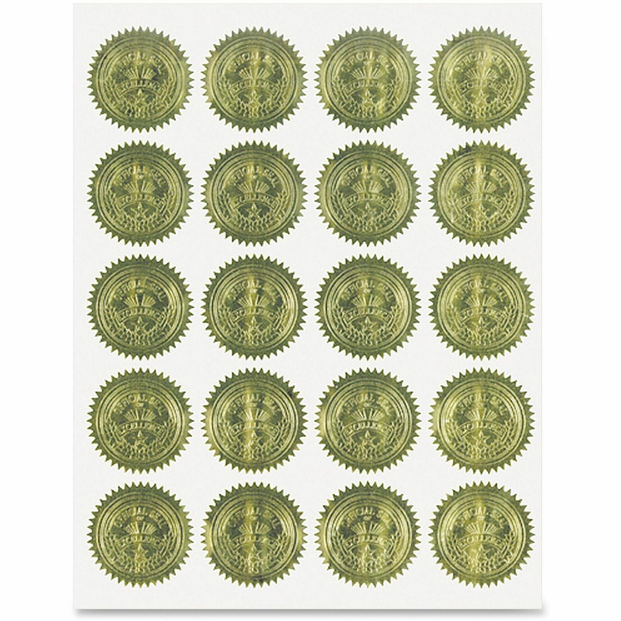Self-Adhesive Embossed Seals, 2" dia, Gold, 20/Sheet, 5 Sheets/Pack