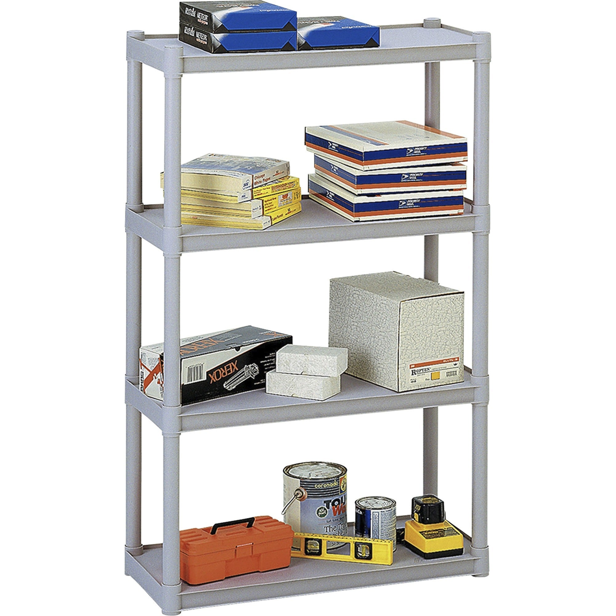 Rough n Ready Open Storage System, Four-Shelf, Injection-Molded Polypropylene, 32w x 13d x 54h, Platinum